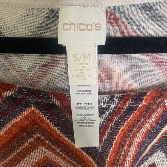 Chicos Aztek Chevron Poncho Top S/M Boxy Cotton Blend Bat Wing Blouse Pullover - Picture 2 of 10